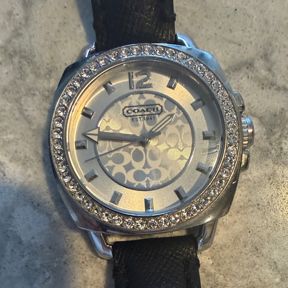 Coach Crystal-Embellished Silver Watch with Black Band
